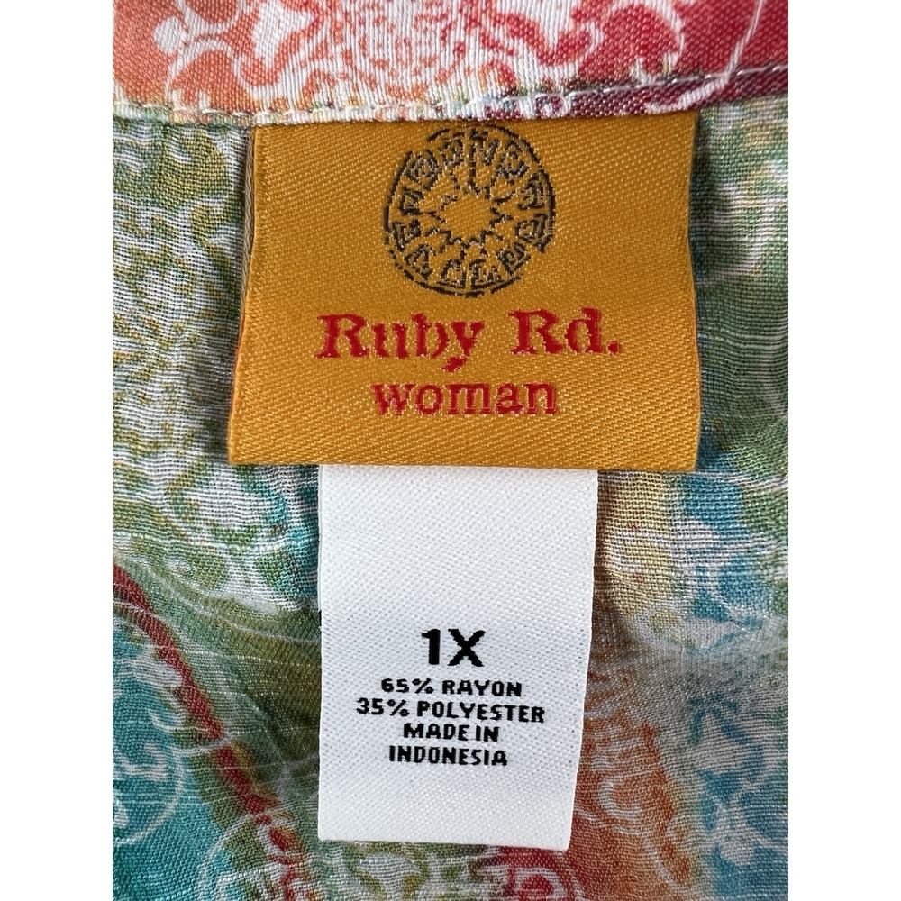 NEW Ruby Rd Woman 1X Rainbow Stripe Paisley Button Front Roll Tab Sleeve Shirt - Picture 5 of 10